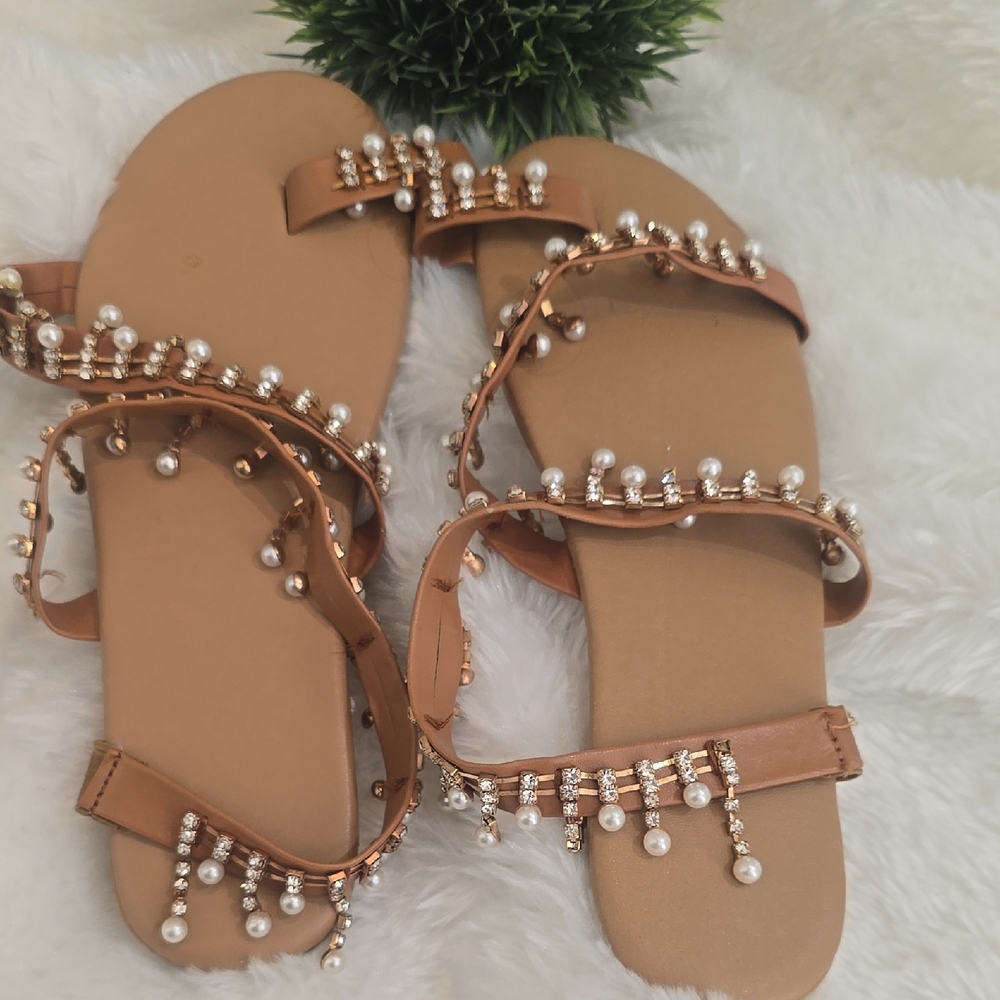 Chic Tan Pearl-Embellished Sandals